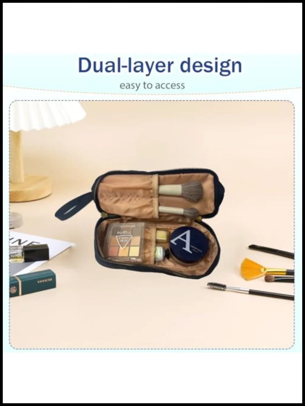 Double Layer Travel Makeup Bag with Brush Organizer, Waterproof Durable Leather